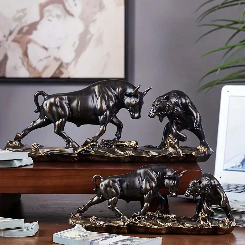NEW Dark Bronze Style Bull & Bear Fight. Resin Figurine Sculpture 5hx11wx3d