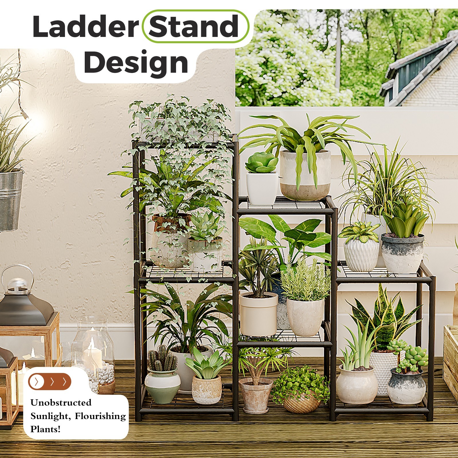 Bamworld Black Plant Stand Outdoor Metal Plant Shelf 3 Tiers Ladder Plant Holder