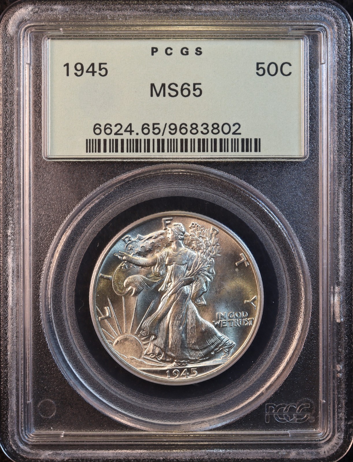 1945-P Walking Liberty Silver Half Dollar - PCGS MS65 OGH! Attractive GEM BU! PQ