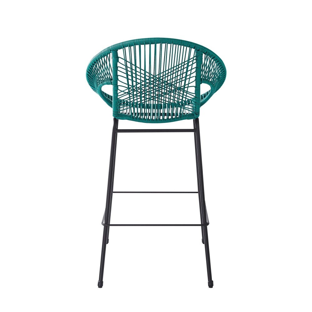 2 Teal & Black Patio Bar Stool Set, Faux Rattan Wicker, UV Resistant