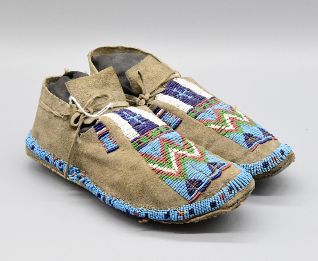 Assiniboine Man's Pair of Hide & Beaded Moccasins 1880-90s
