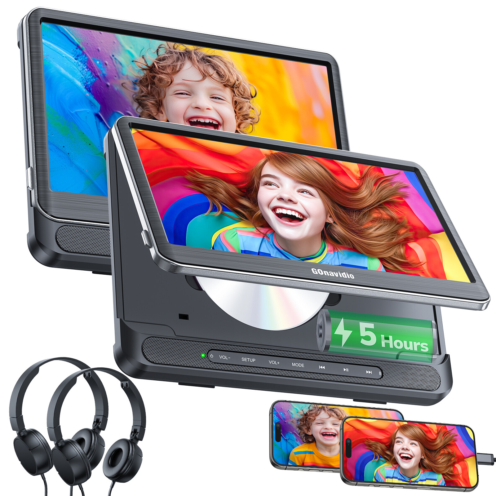 2 x 12 Inch Full HD Car Headrest Monitor TV DVD Media Player USB SD W/ Headsets[