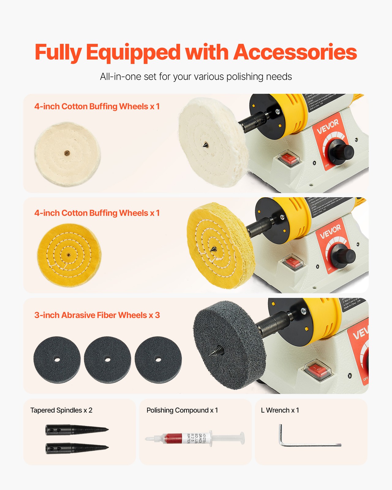 VEVOR 1/2HP Bench Buffer Polisher 0 to 8000RPM with 3-inch & 4-inch Wheels