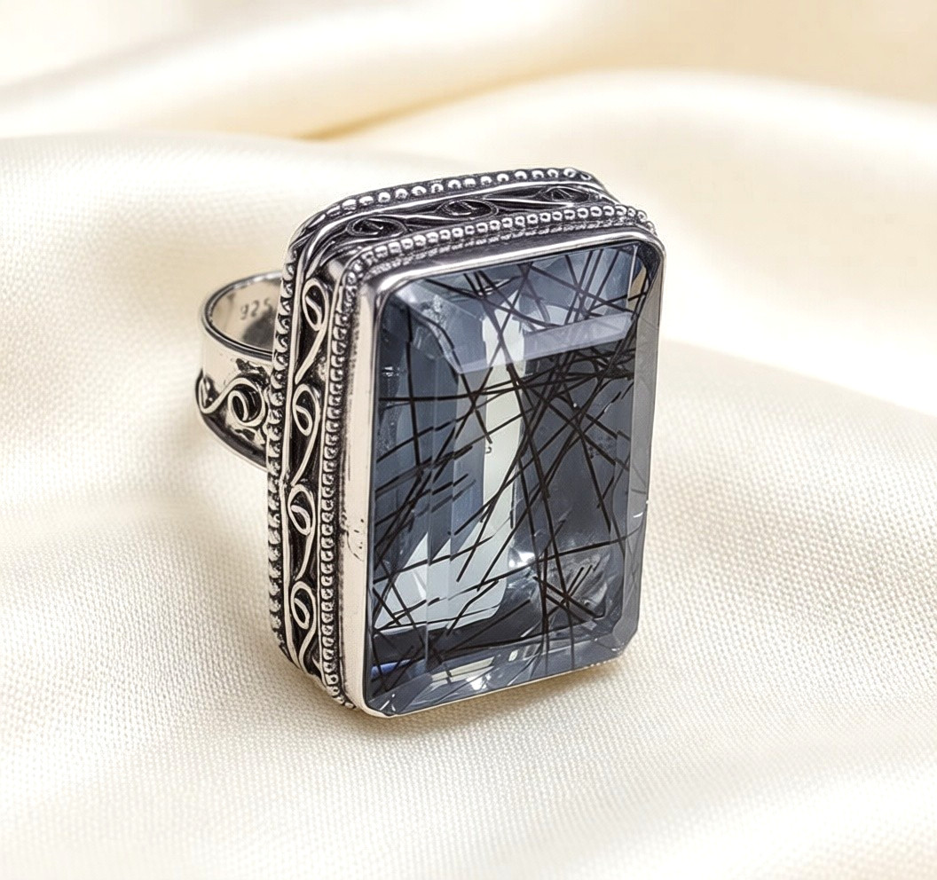 Black Rutialted Quartz Gemstone Handmade 925 Sterling Silver Jewelry Ring