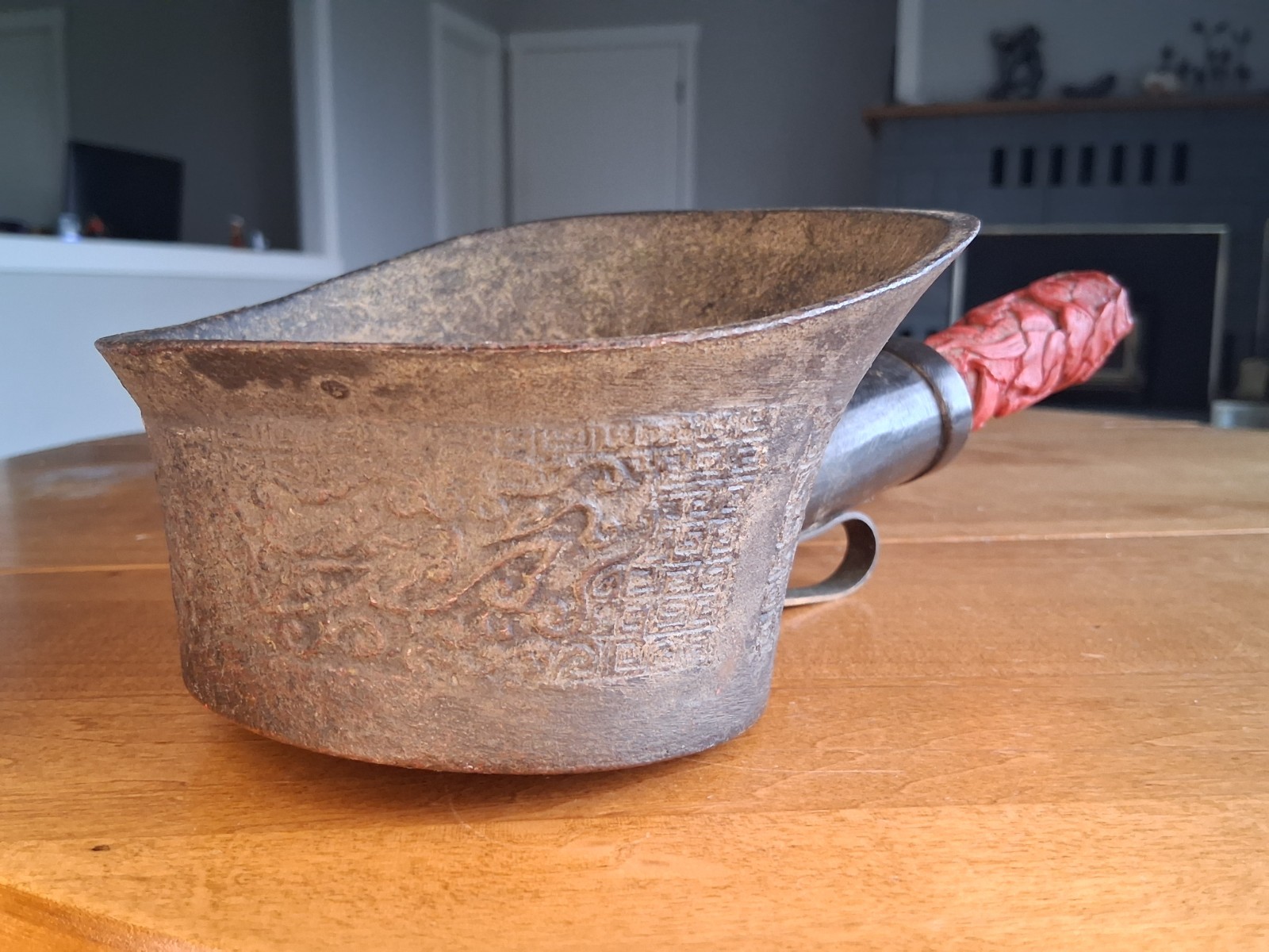 Antique 12" Big Chinese Bronze Silk Iron w/ Carved Cinnabar Handle, Hole Shown