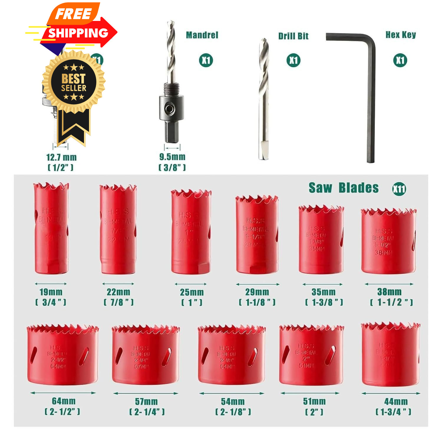 Bi-Metal Hole Saw Kit, HYCHIKA 17 Pcs High Speed 3/4 inch - 2-1/2 inch, Red