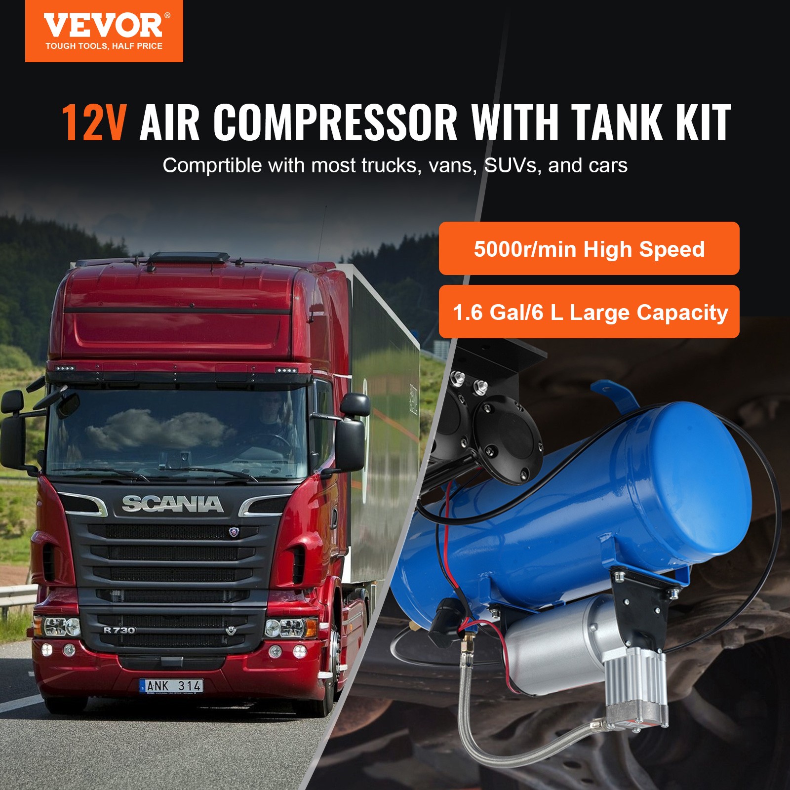 VEVOR 12V Air Compressor with 1.6 Gal/6L Tank Onboard Air Horn Compressor System