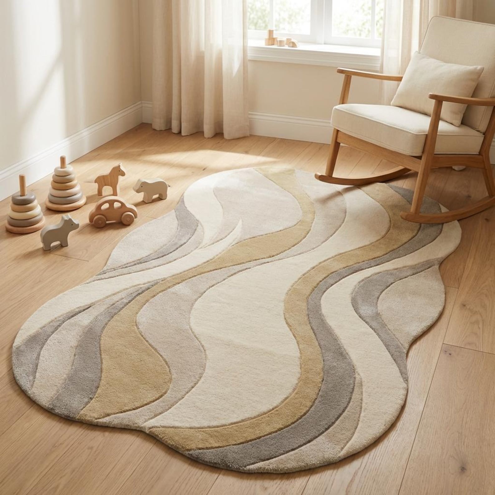 Modern Abstract Wave Rug Irregular Shape Neutral Tonal Beige Sculpted Rug 5x8