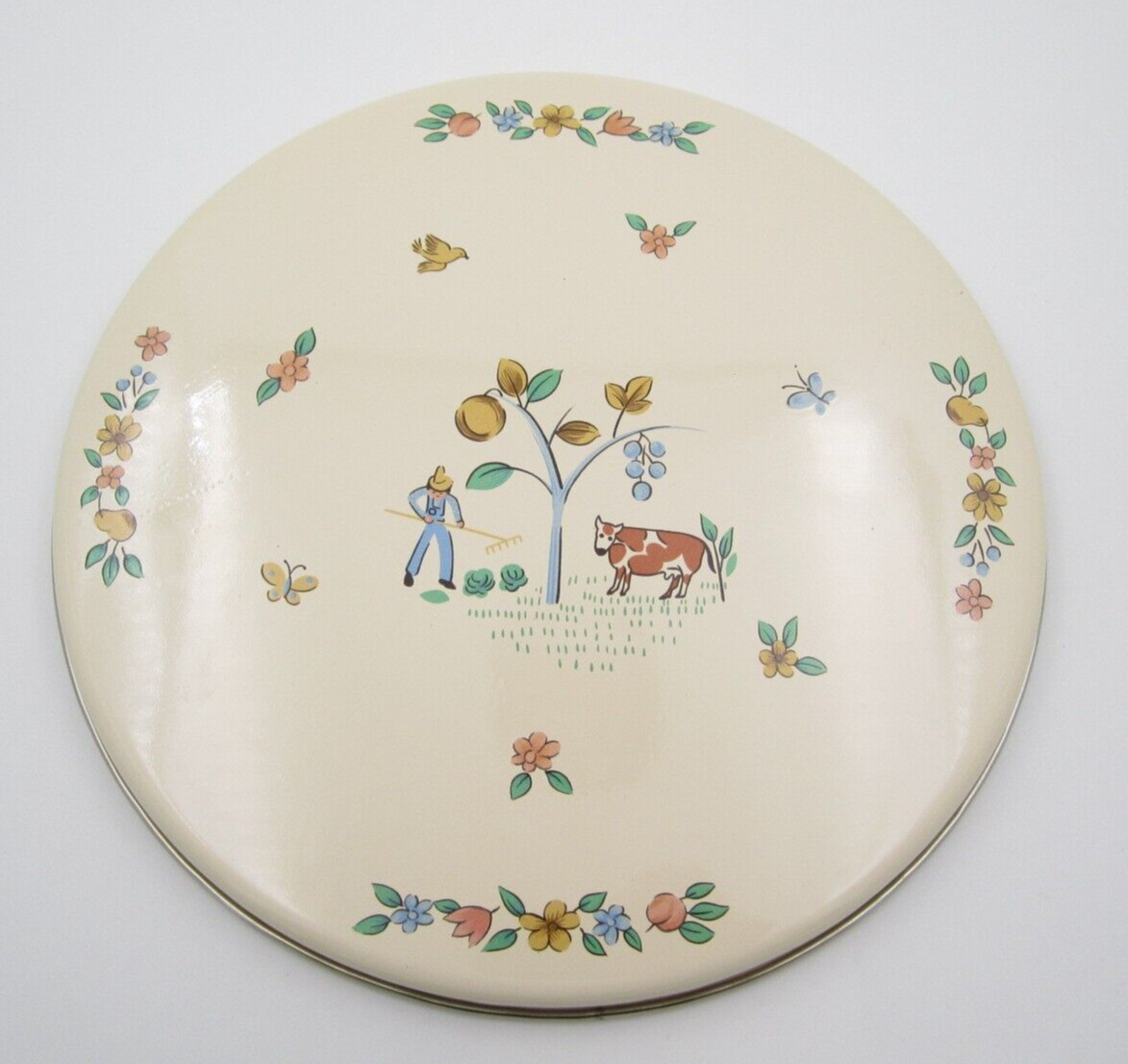 Vtg Farmer Cow Ceramic Stove Top Burner Cover 9 3/4" (Interior) Made in Korea