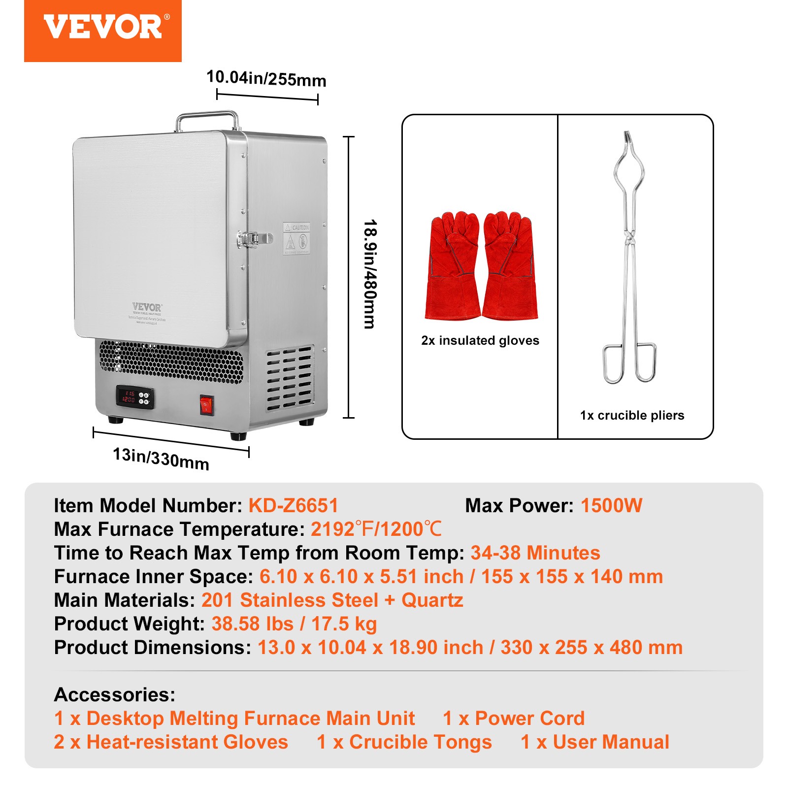 VEVOR Tabletop Kiln Melter Electric Kiln 1500W 2192℉ for Wax Casting Clay DIY