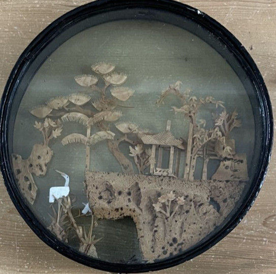 Vintage Chinese Cork Carving Wall Art Pagoda Crane Scene Round Framed Decor