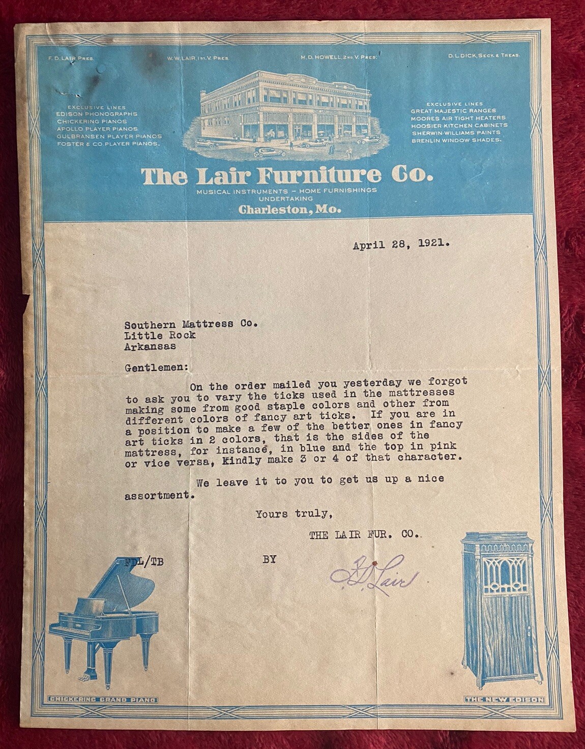 Vintage 1921 Lair Furniture & Instruments Charleston Missouri MO Letterhead