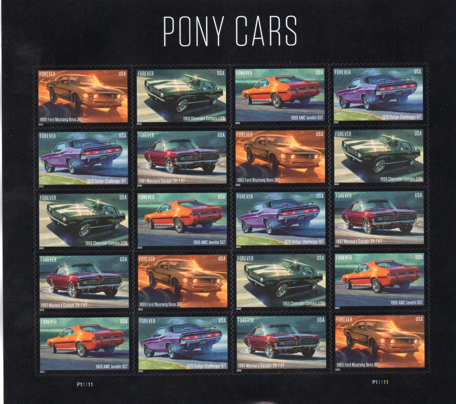 U.S. COMM PANE OF 20 SCOTT#5719c 2022 FOREVER PONY CARS MNH P#P11111