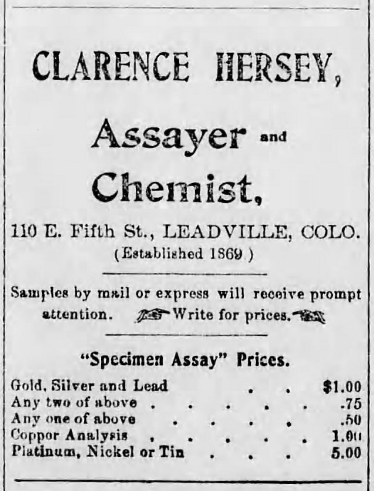 1901 Leadville CO ~ Assay Report For Yak Mining Milling & Tunnel Co.