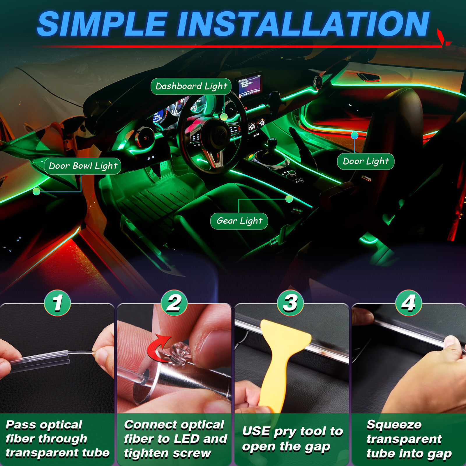 10m RGB 8 in 1 Interior Car LED Strip Lights Car Ambient Decor Neon Lights Kit