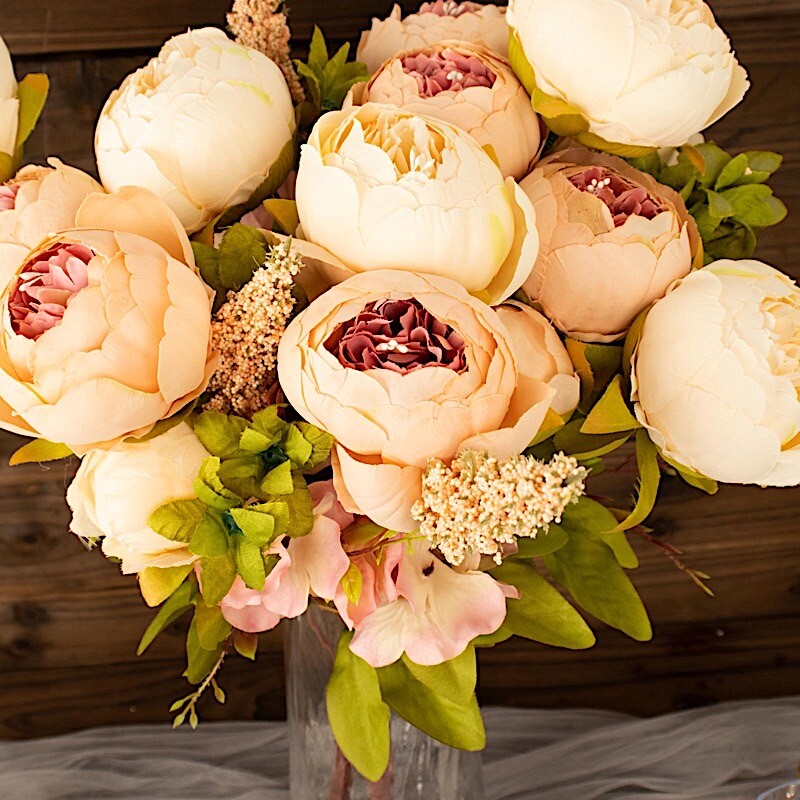 CREAM BLUSH ROSE GOLD 2 Bouquets 19" Silk Peony FLOWERS Artificial Floral