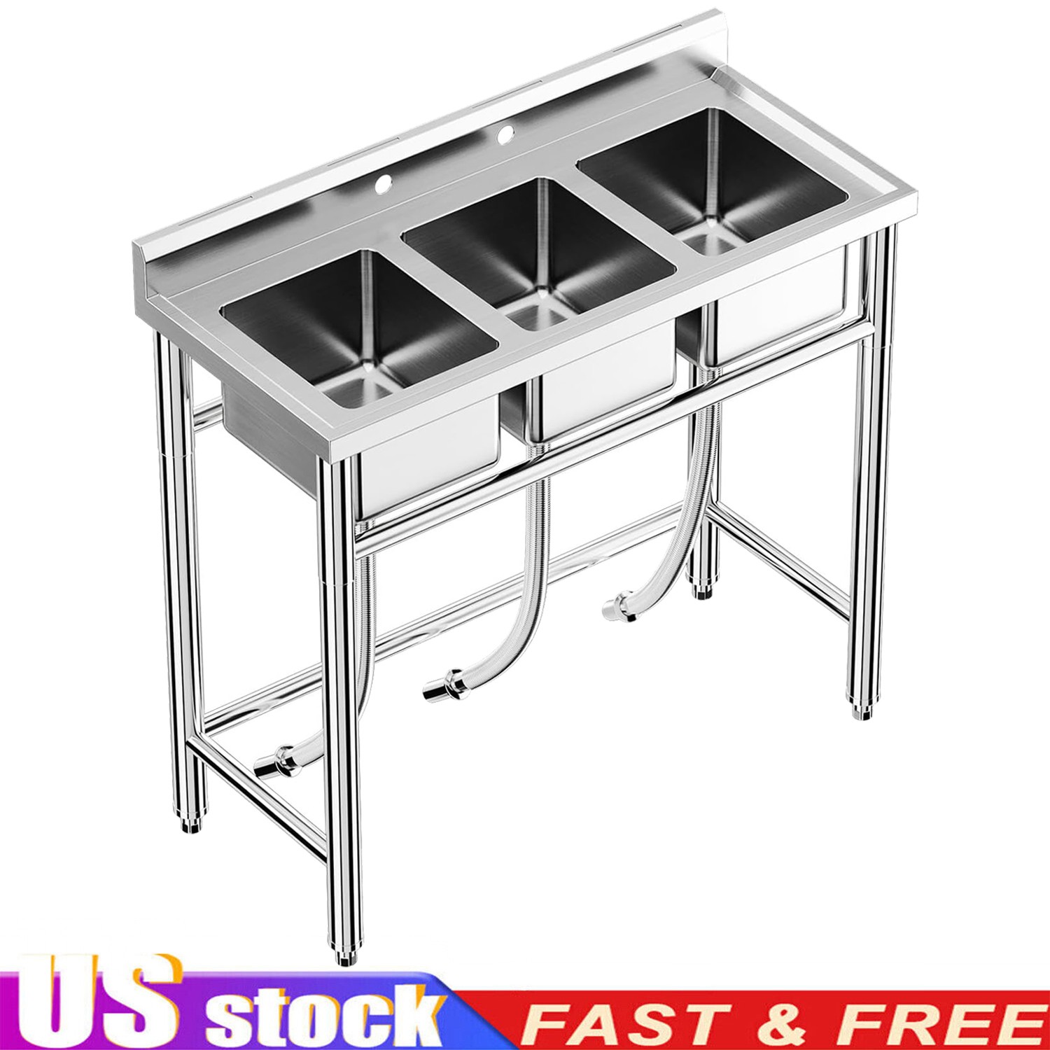 Three 3 Compartment Basins Stainless Steel Commercial Kitchen Restaurant Sink US