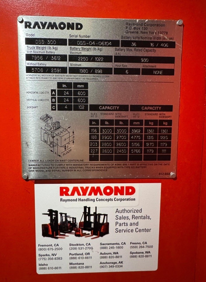Raymond DSS 300 Stand Up Forklift Electric Reach Truck Warehouse Lift W/Charger