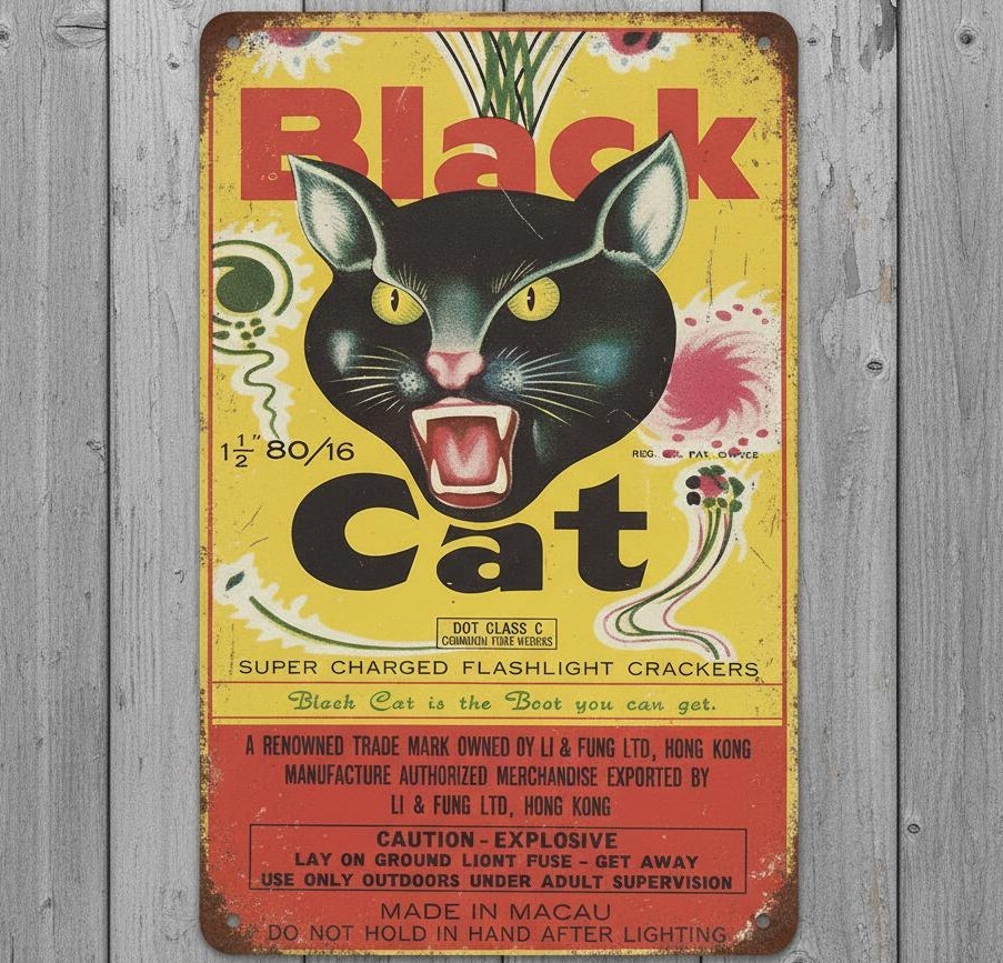 Black Cat Firecrackers 8 x 12 Vintage Novelty Metal Sign Made In USA New!