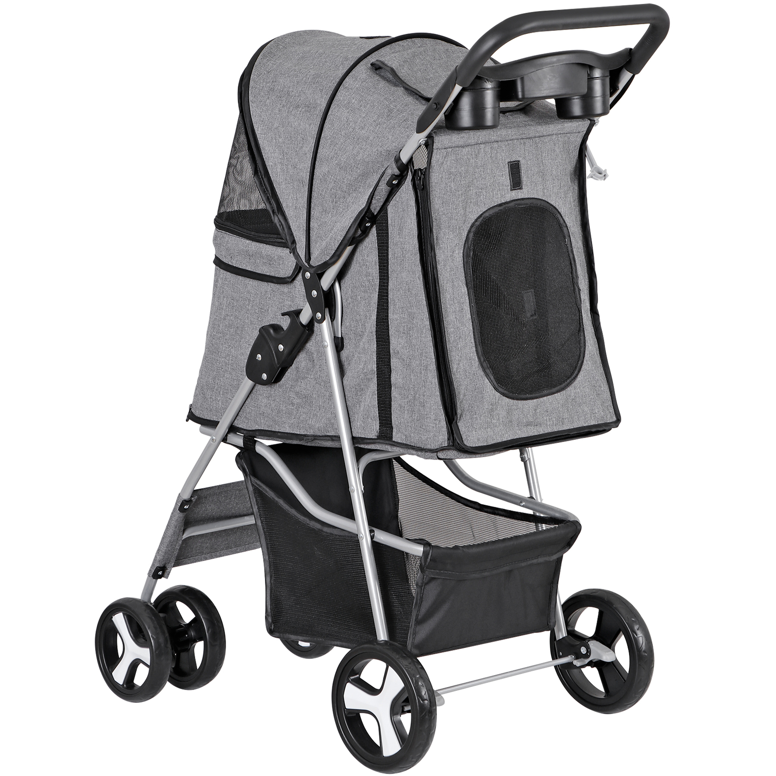 Foldable Carrier Strolling Cart 4 Wheel Pet Stroller for Dog w/ Cup Holder Gray