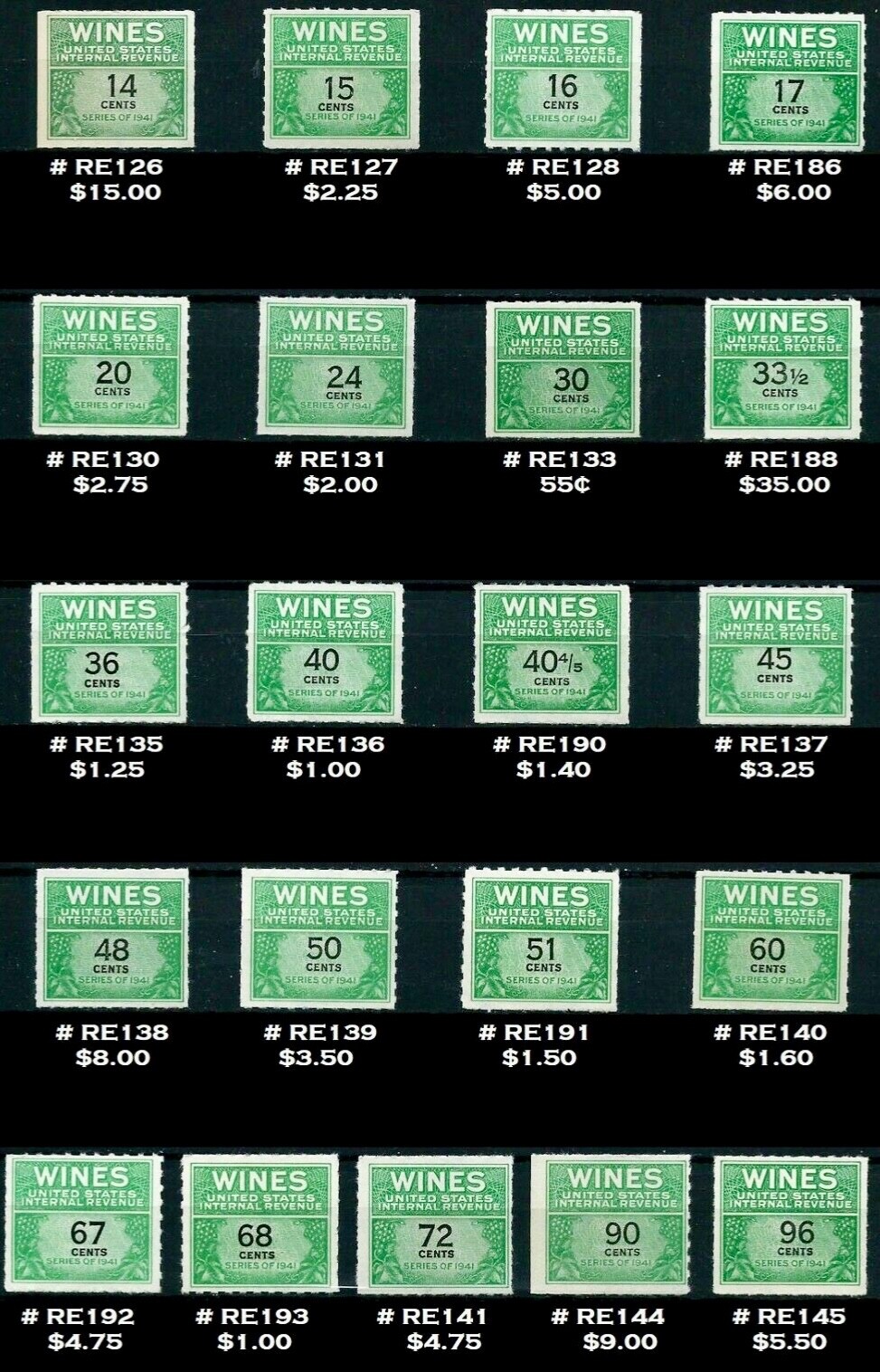US #RE108/RE203 MNH 1942-1954 Wine Tax Internal Revenue Collection