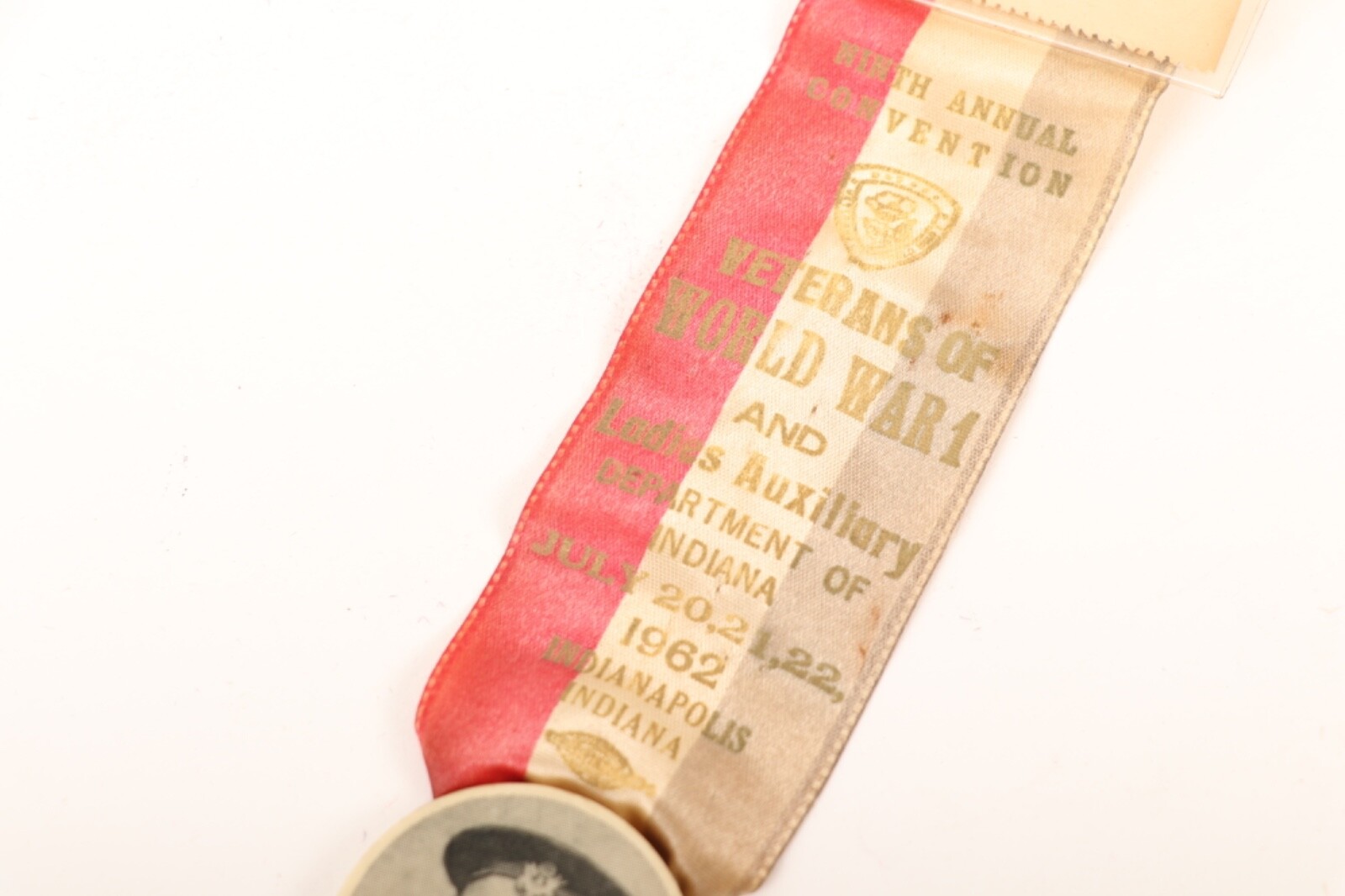 Y228 / 1960's WWI Veterans Reunion Ribbon with Pershing Pin From Indiana
