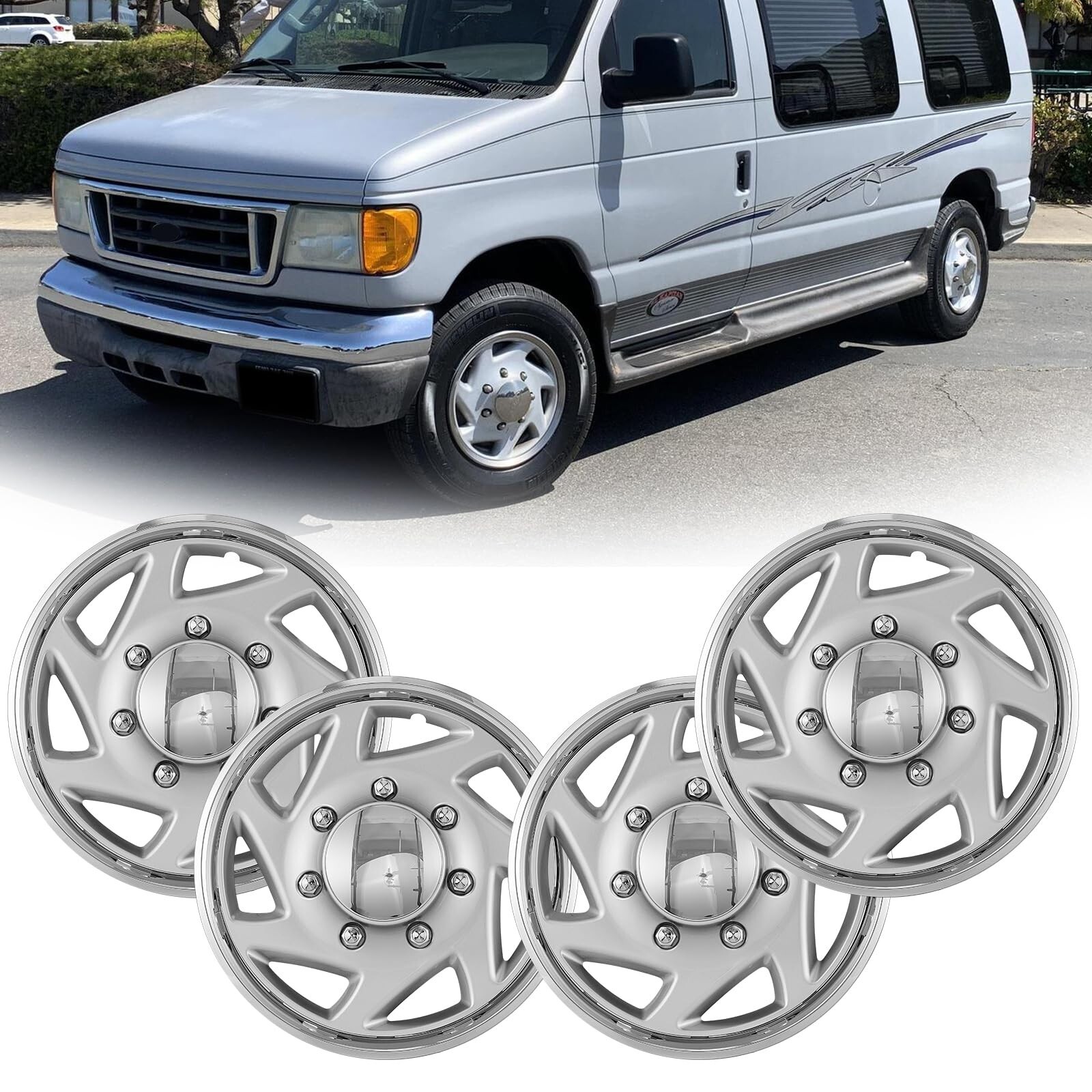 Wheels Hubcaps for 1992-2014 Ford E150 E250 E350 Van; Silver Chrome wheel covers
