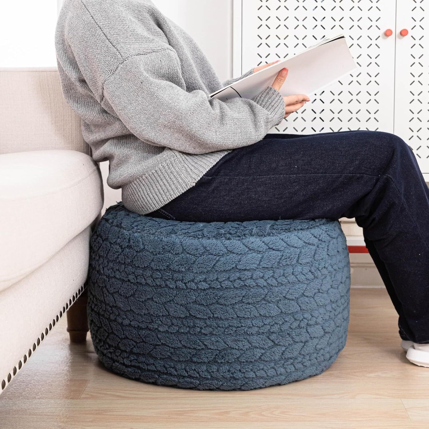 Round Pouf Ottoman 20x14 In Floor Pouffe Ottoman Foot Rest for Couch Living Room