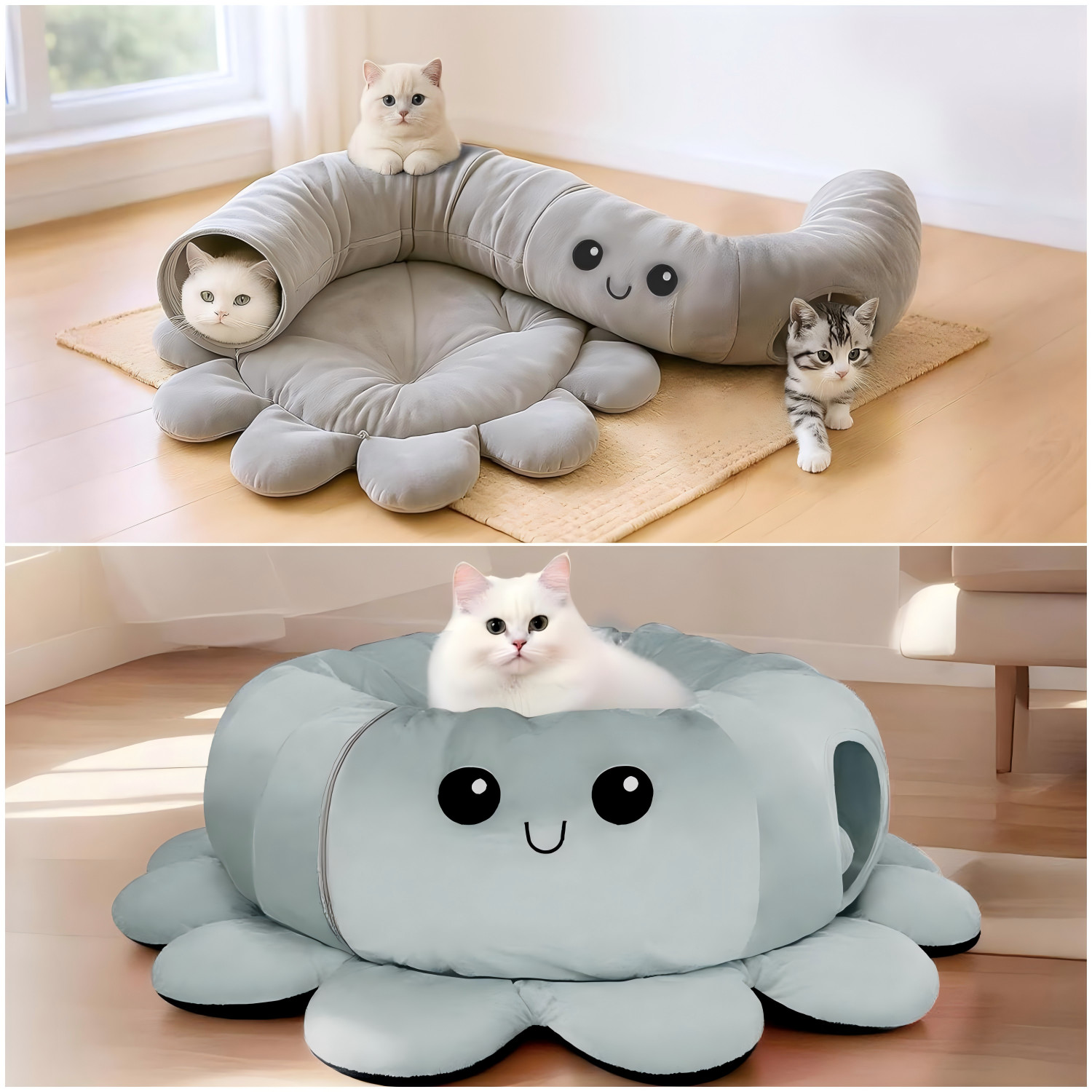 2-in-1 Cat Tunnel Bed with 20 Cat Toys, Washable Peekaboo Cat Cave Bed