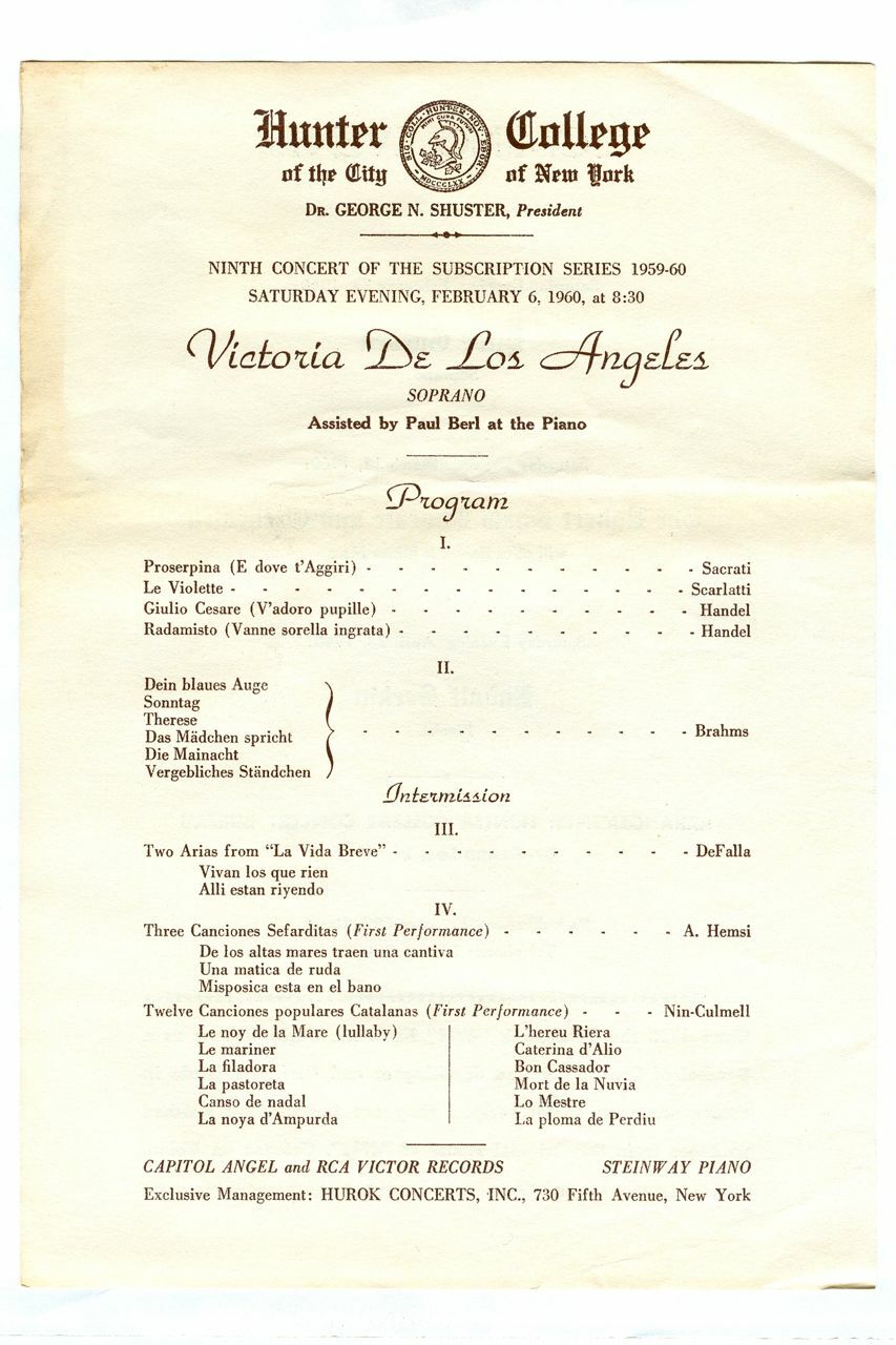 Vintage 1960 VICTORIA de los ANGELES Hunter College NYC Concert Series Program!