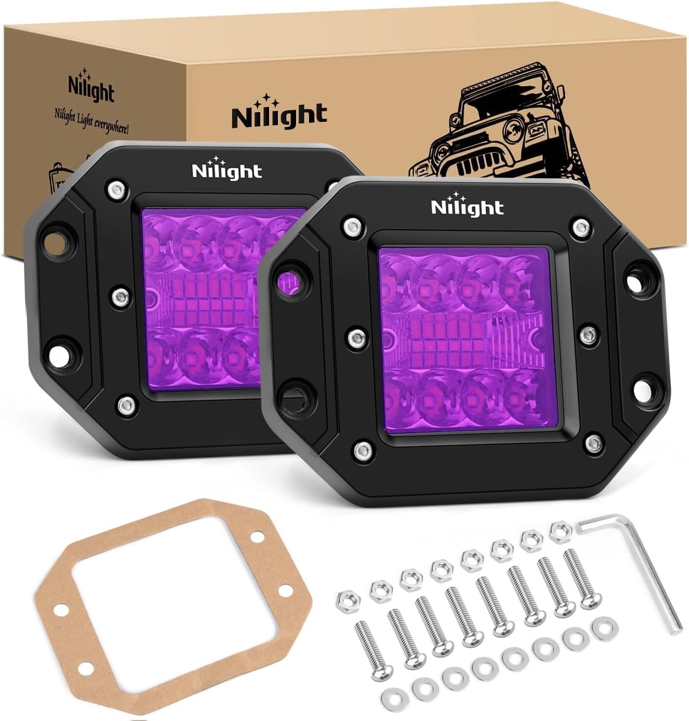 Nilight Flush Mount LED Light Pods 6 color 2PCS 42W Upgraded Spot Flood Light