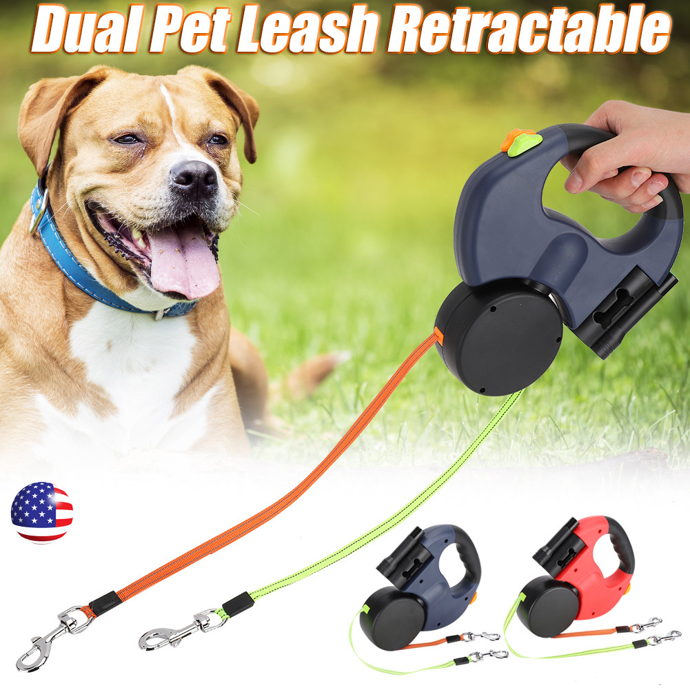 Retractable Reflective Dual Pet Leash Lead 360Swivel Double Dog Walking Leash A+