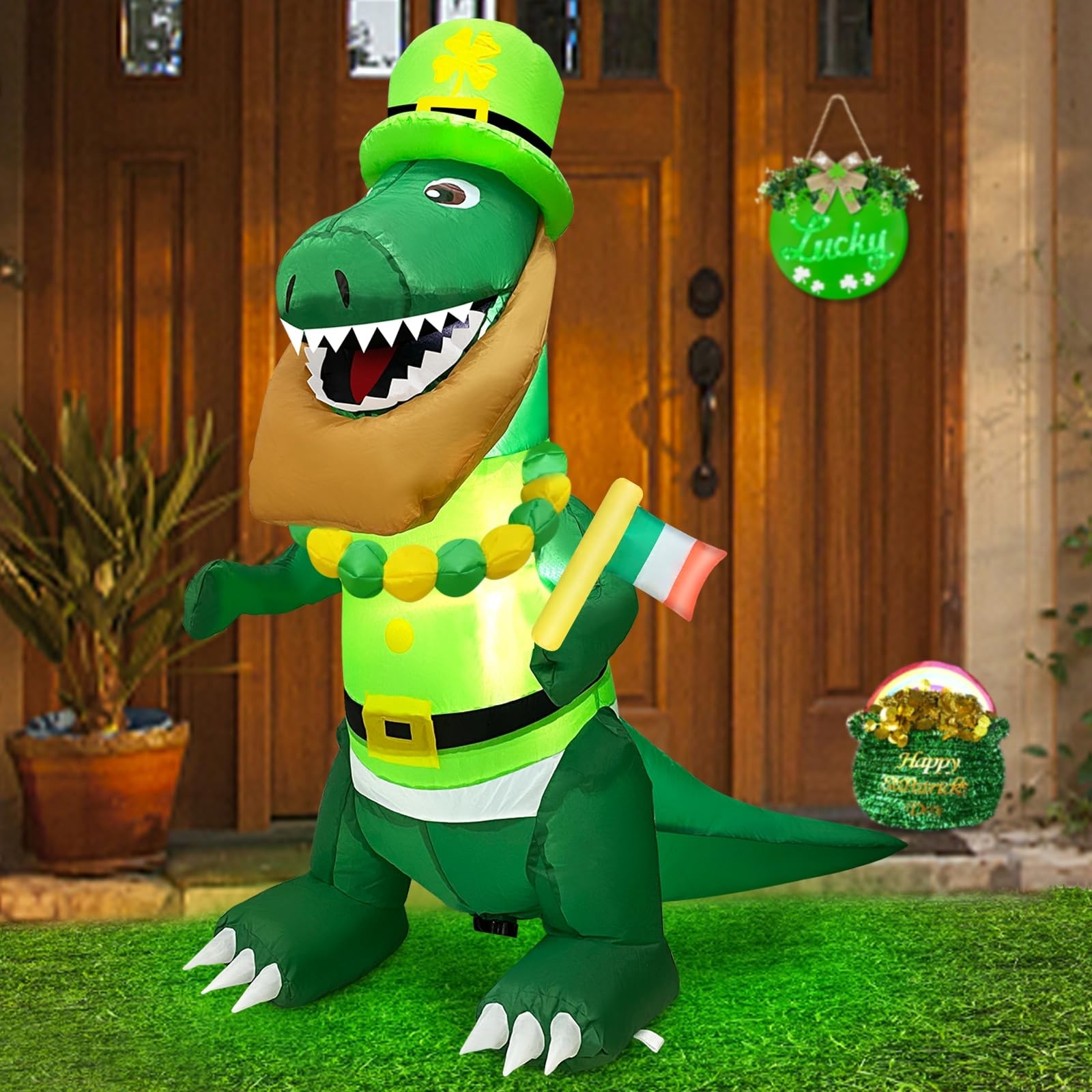 4FT Dinosaur St. Patricks Day Inflatables Decorations Outdoor Blow Up Dinosau...