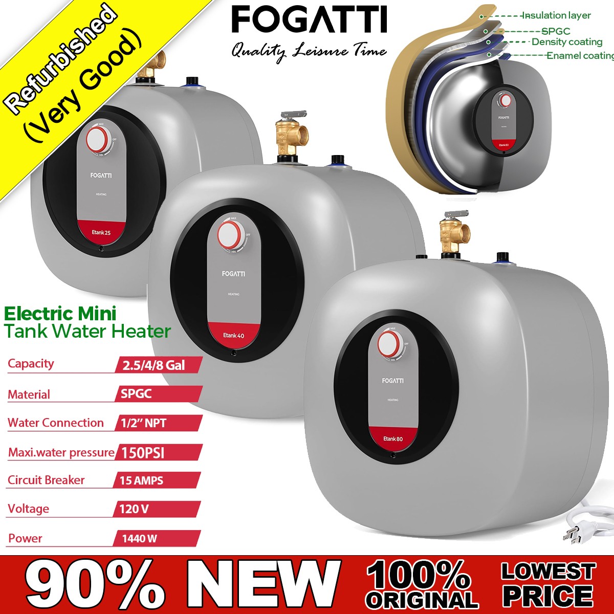 FOGATTI RV Camper Mini Tank Water Heater Instant Hot Water Boiler Under Sink