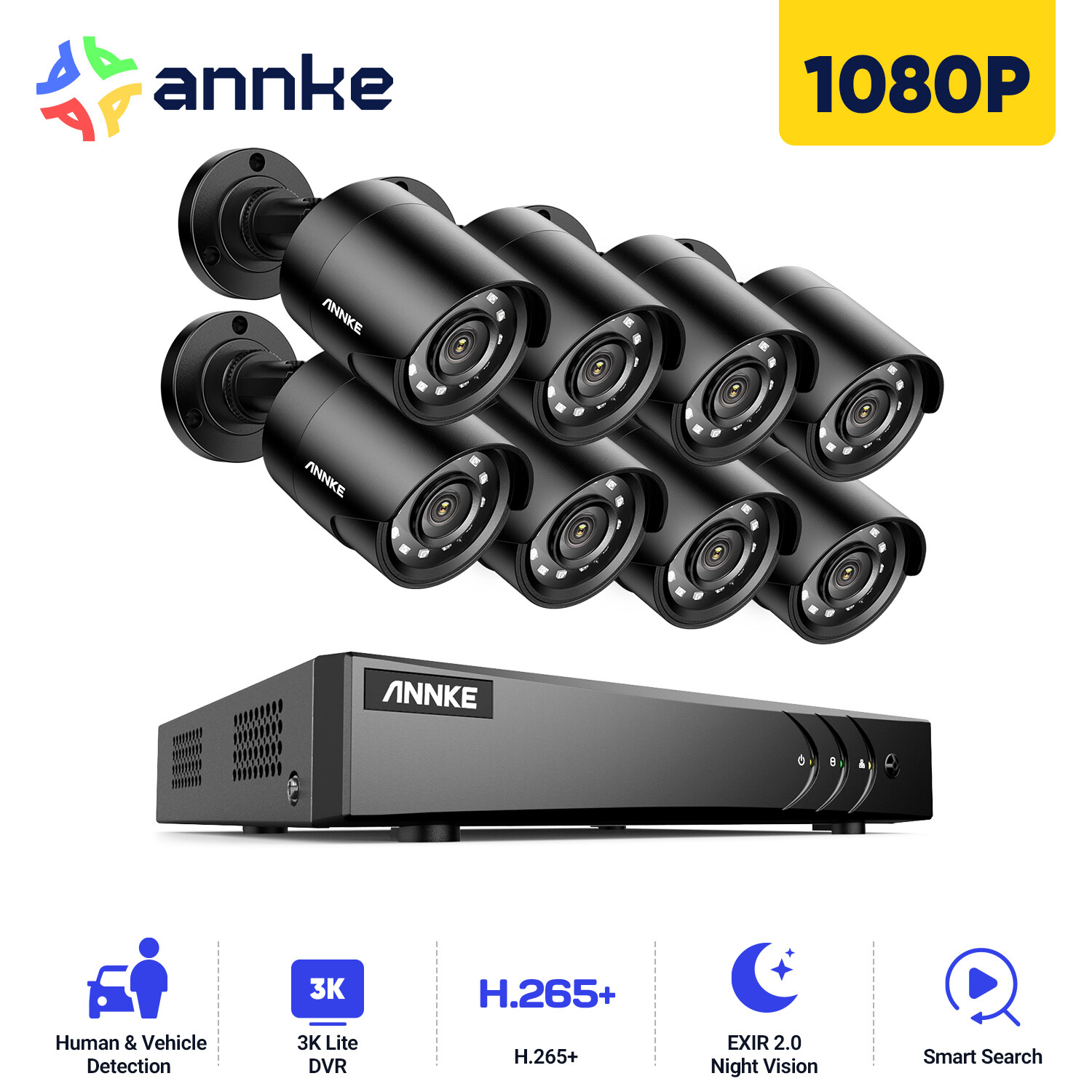 ANNKE 8CH 3K 5MP Lite DVR 1080P Outdoor CCTV Security Camera System AI Detection