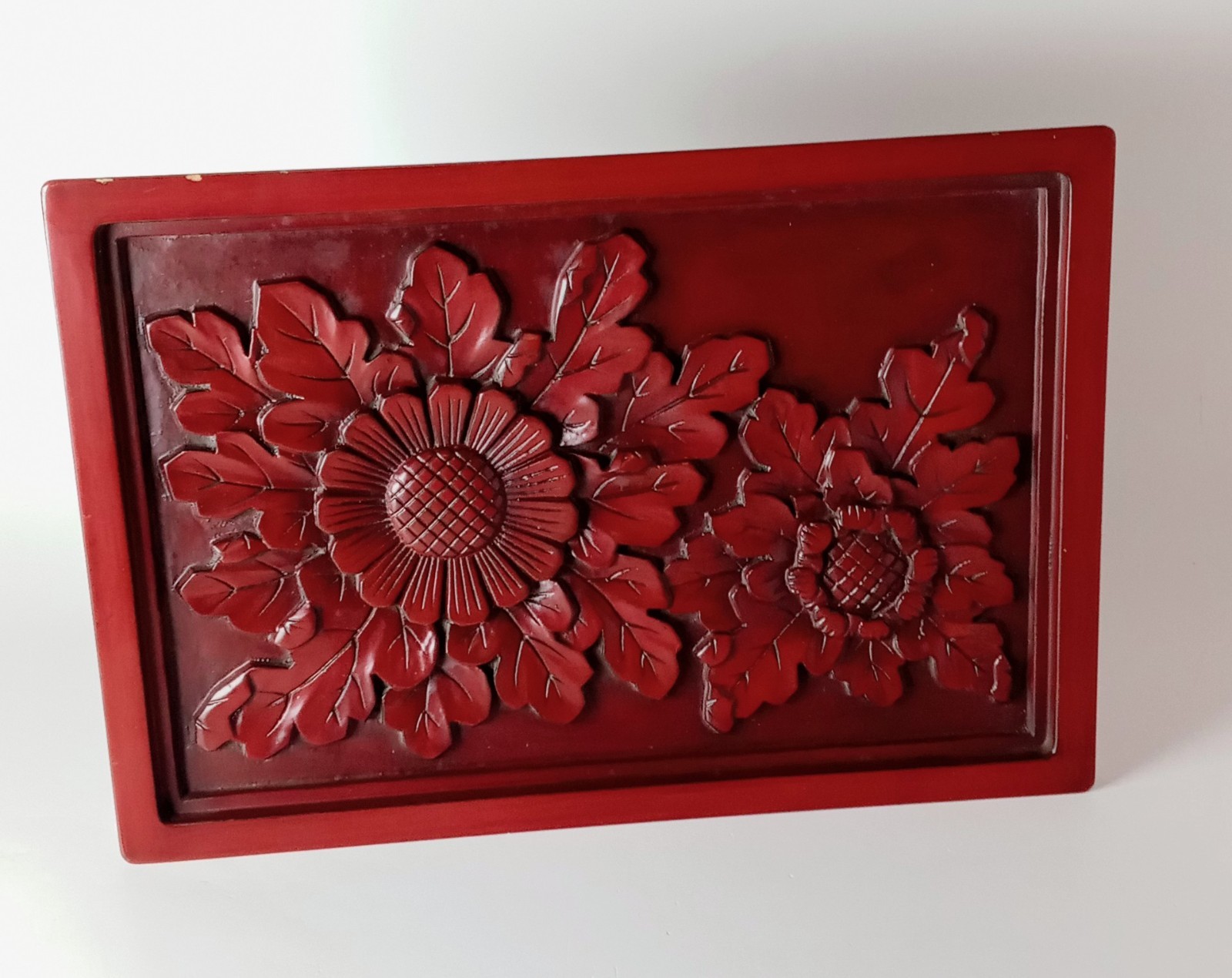 Japanese Kamakura-bori Lacquerware Carved Floral Wood Panel
