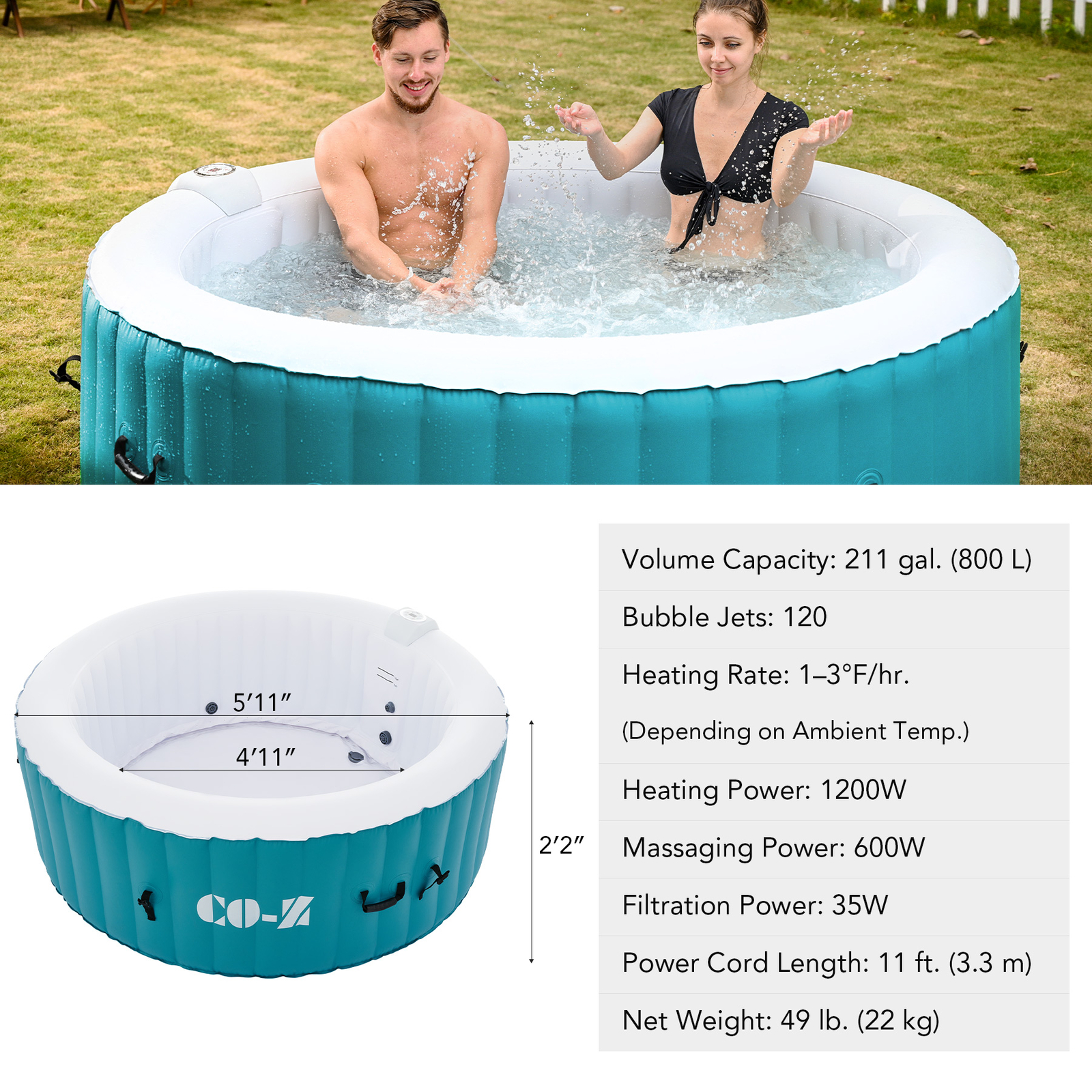 6ft Inflatable Hot Tub Portable Above Ground Pool with 120 Air Jets Heater Teal