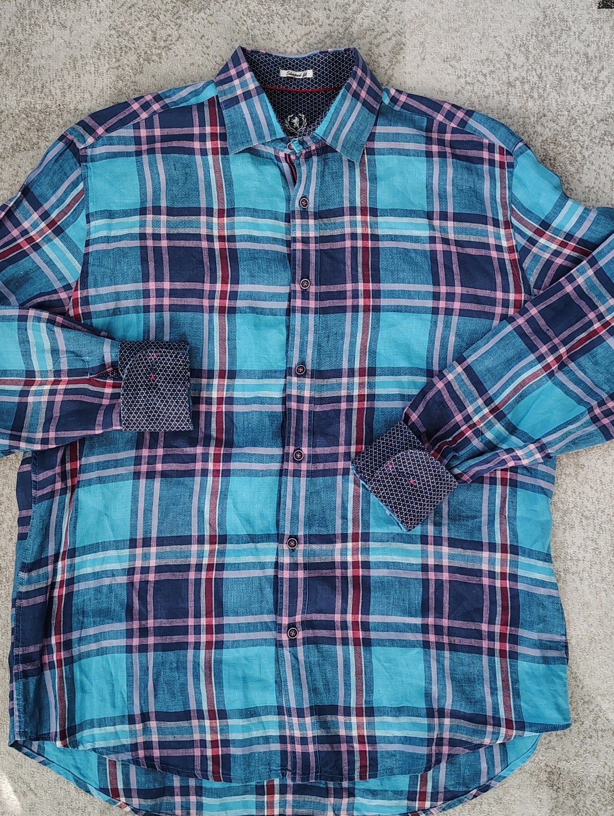 BUGATCHI Turquoise & Pink PLAID Mens LINEN Shirt Classic Shaped Fit L/XL 48"