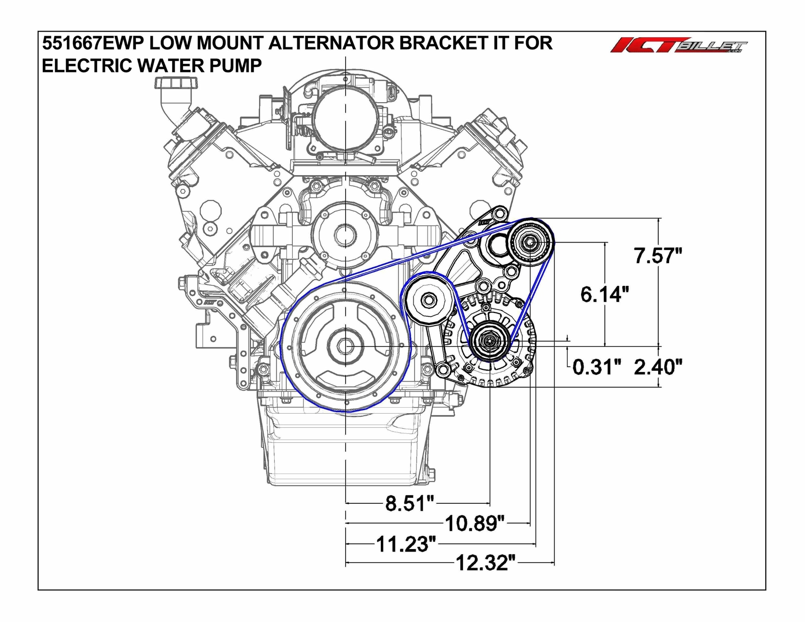 LS Low Mount Alternator Bracket for Electric Water Pump w/ Tensioner - Truck