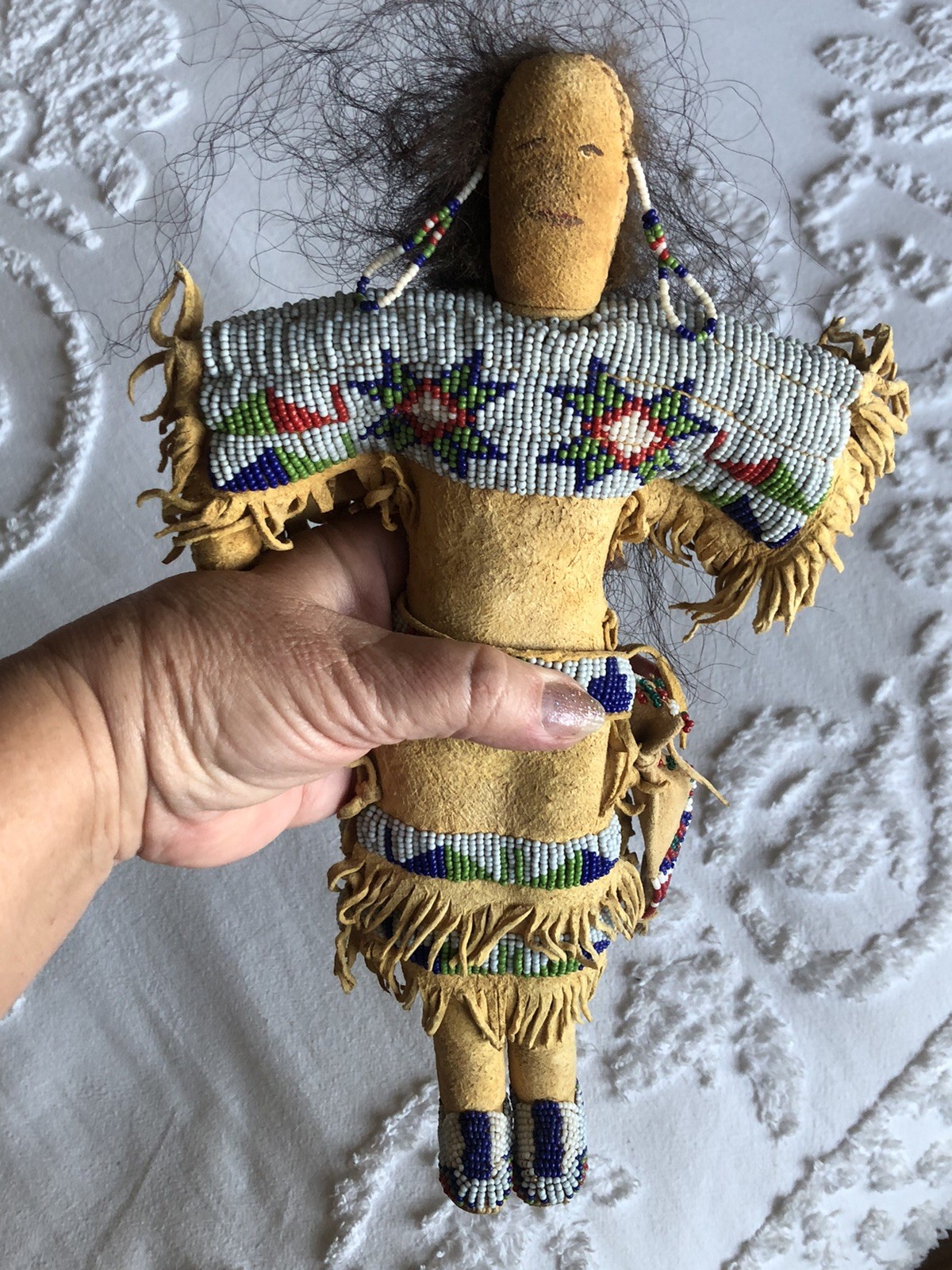 1900s Lakota Native American Handmade, 12” Doll, Finely Beaded, Human Hair