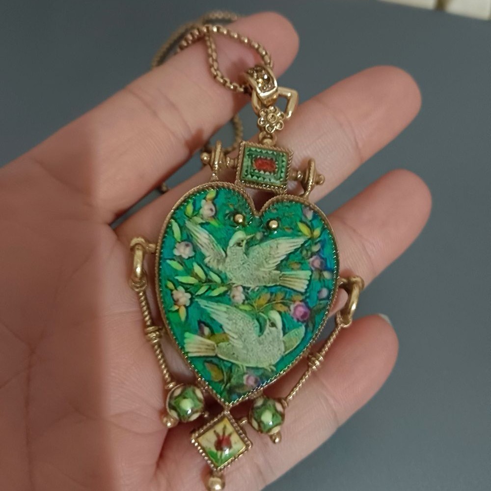 Vintage European Heart Enamel Necklace Unique Dove Inlay Retro Pendant Jewelry