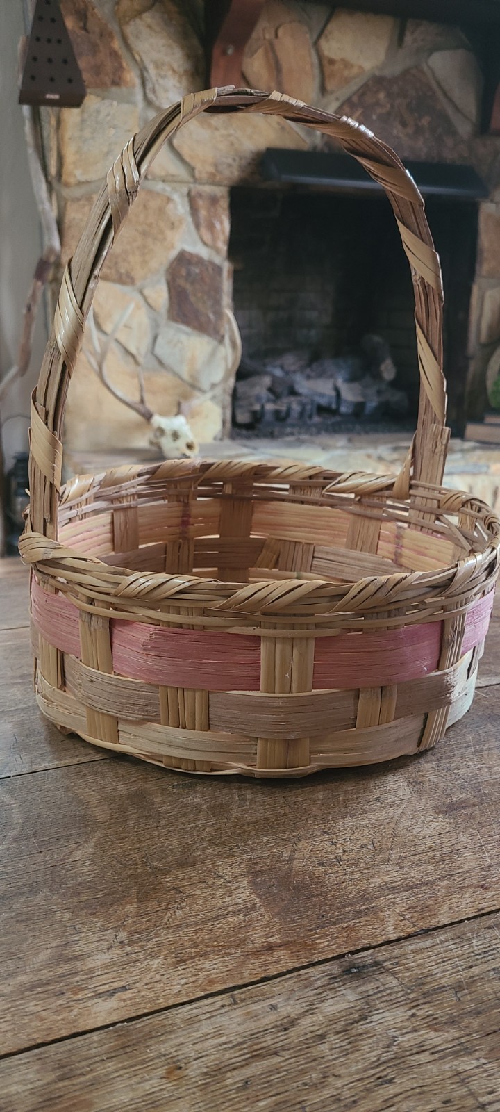 Vintage Woven Easter Basket Pink Band Handle Mexico Round Large 11.5 X 13