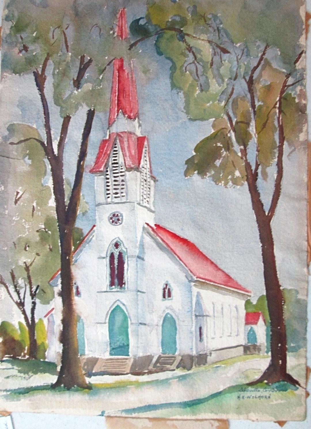 Aceo Watercolor Print  "Church with Red Roof"  By artist H Wolhorn Art by JoAnn