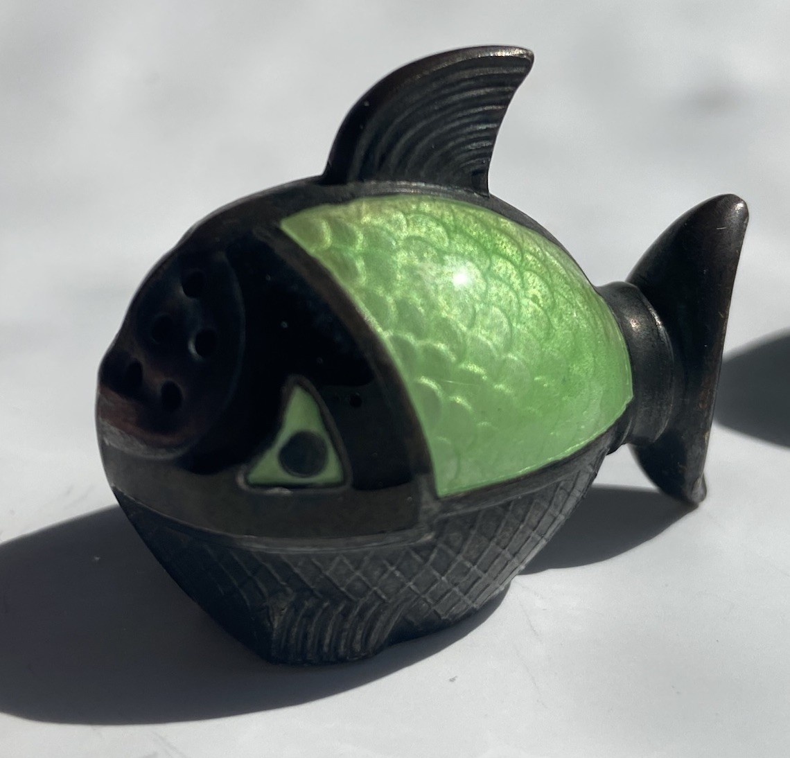 Sterling Silver Guilloche Enameled Norwegian Fish Salt And Pepper Antique 925.