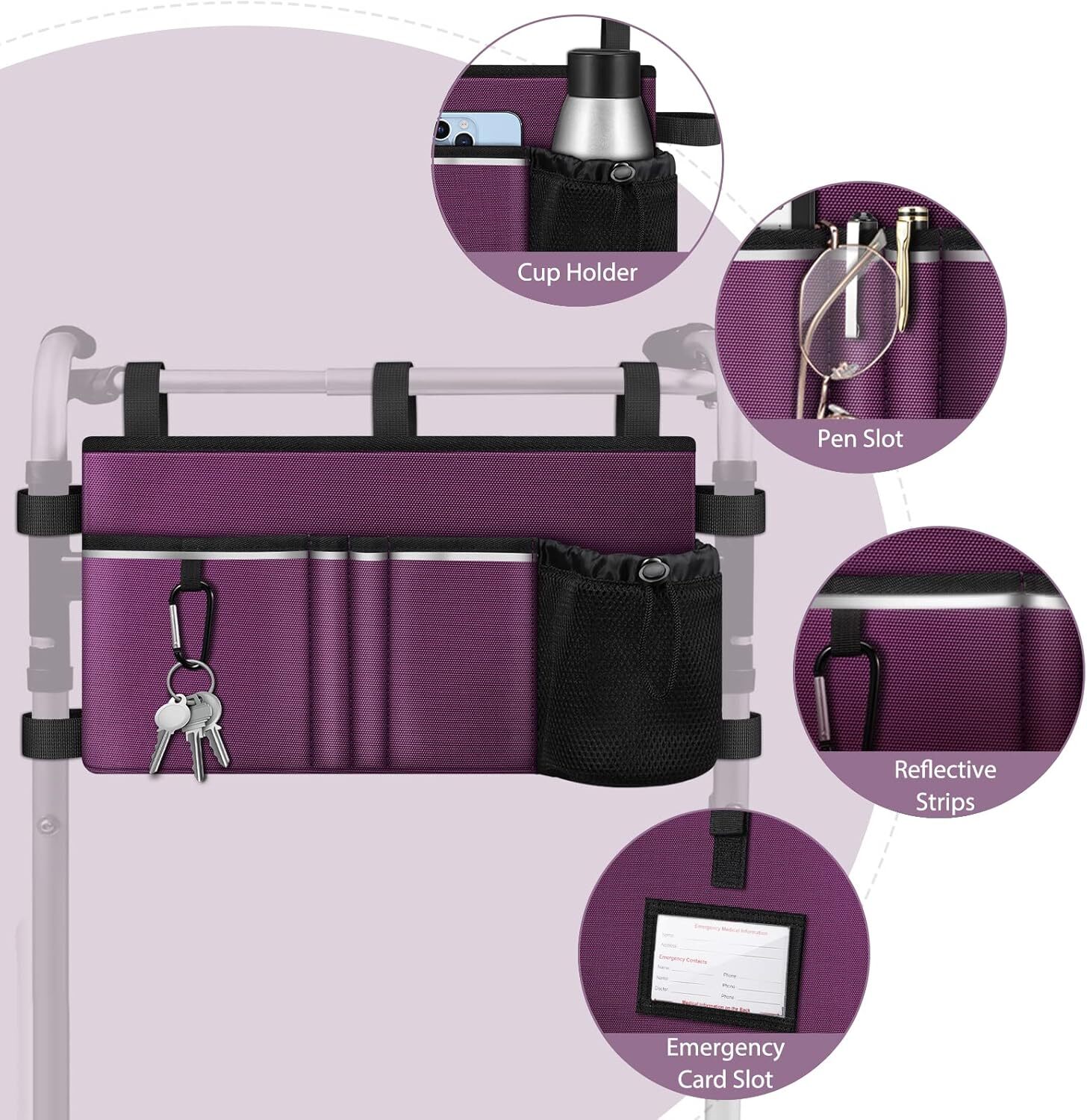 FINPAC Large Walker Tote Bag with Cup Holder Folding Walker Storage Basket Pouch