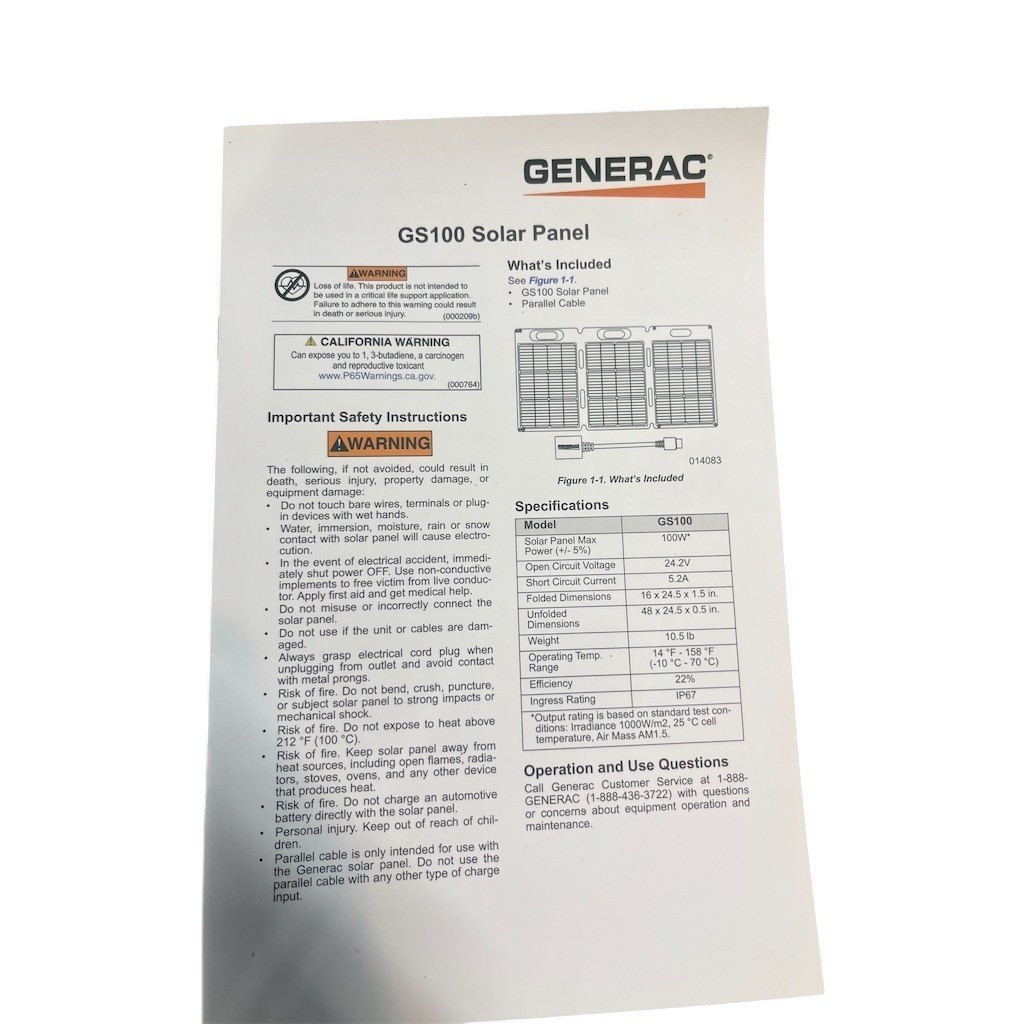 Generac GS100 100W Foldable Portable Solar Panel w/ XT60 Adapter Cable