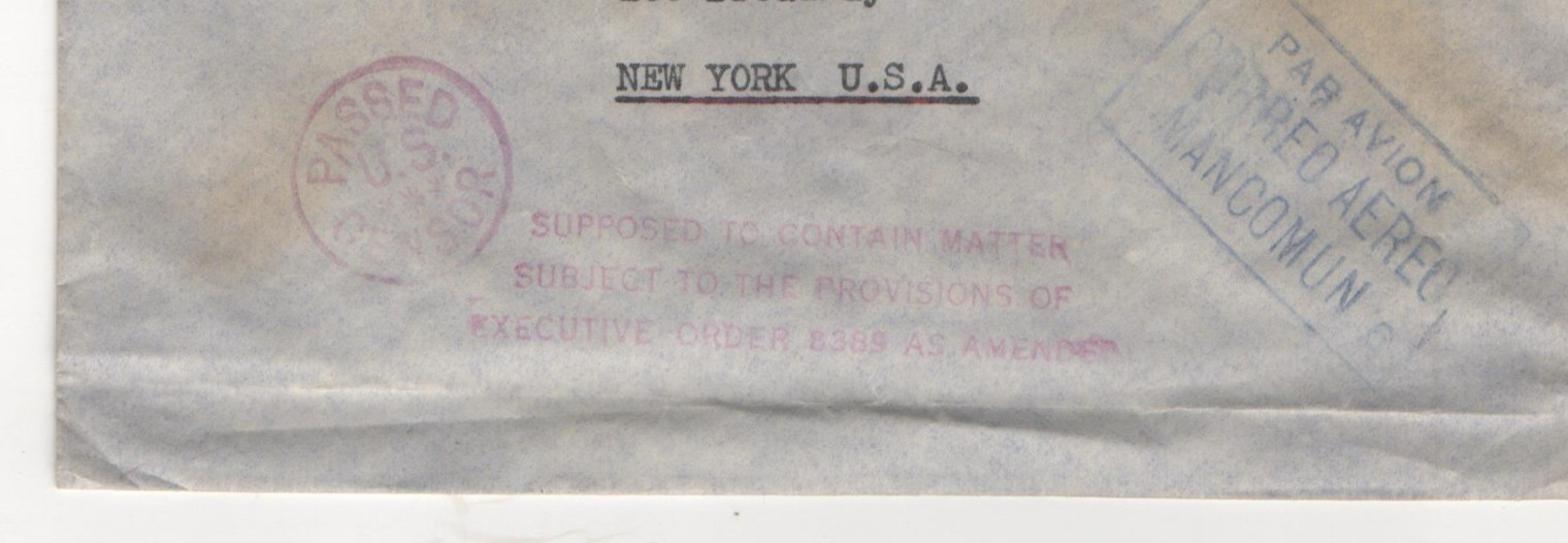 1942 WWII era Bogota Columbia to N.Y. USA Censored Air Mail Cover Box#1