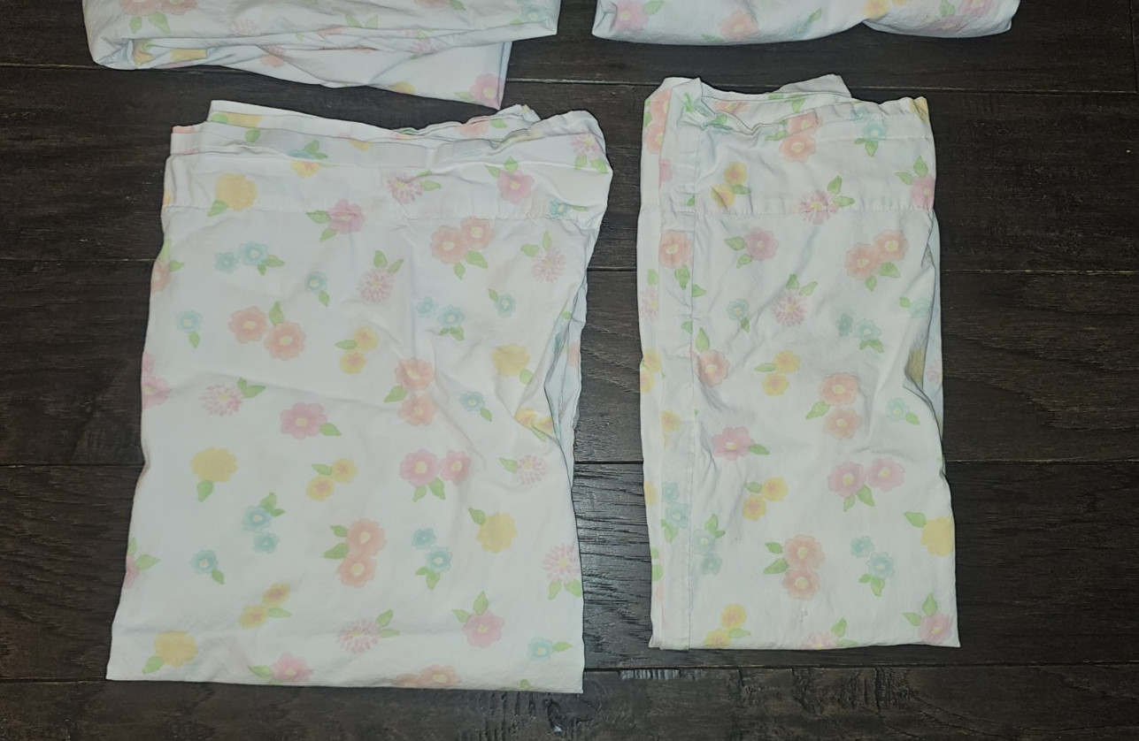 Pottery Barn Kids Floral Pink Blue Yellow TWIN Sheets Fitted Flat + 2 Pillowcase