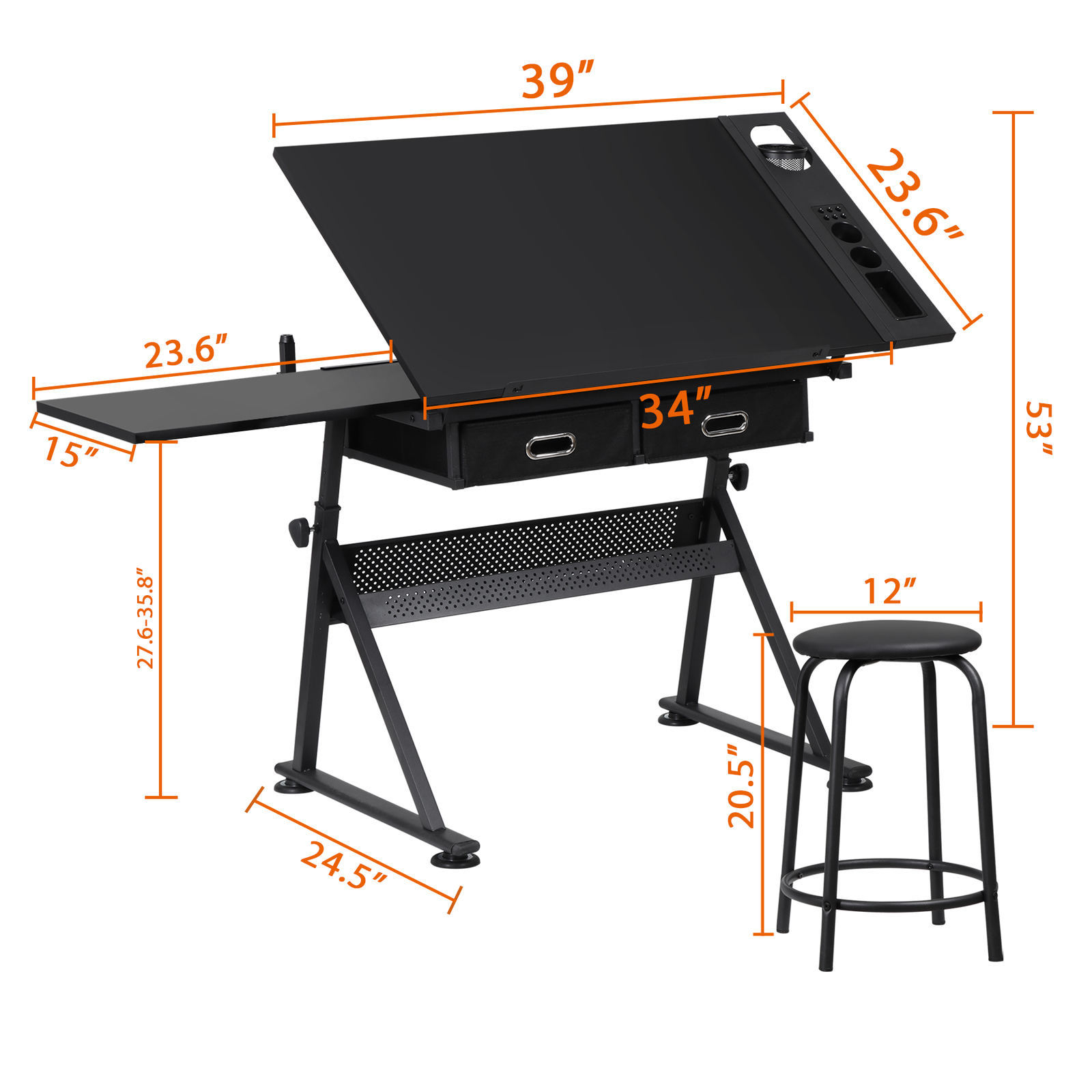 Drafting Desk for Artists Art Drawing Table w/Stool for Working Studying Black