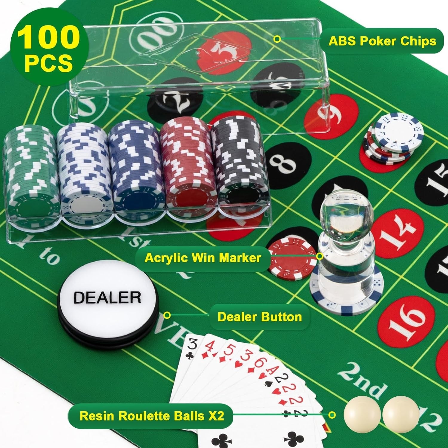 Roulette Wheel Game Set Include 16'' Black Roulette Wheel 35" X 16" Rubber Table